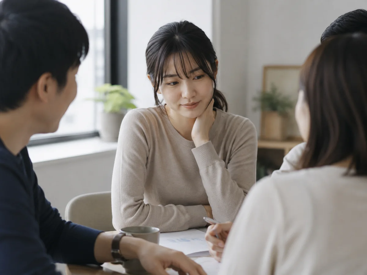 周囲の人と話しながら考え込む人