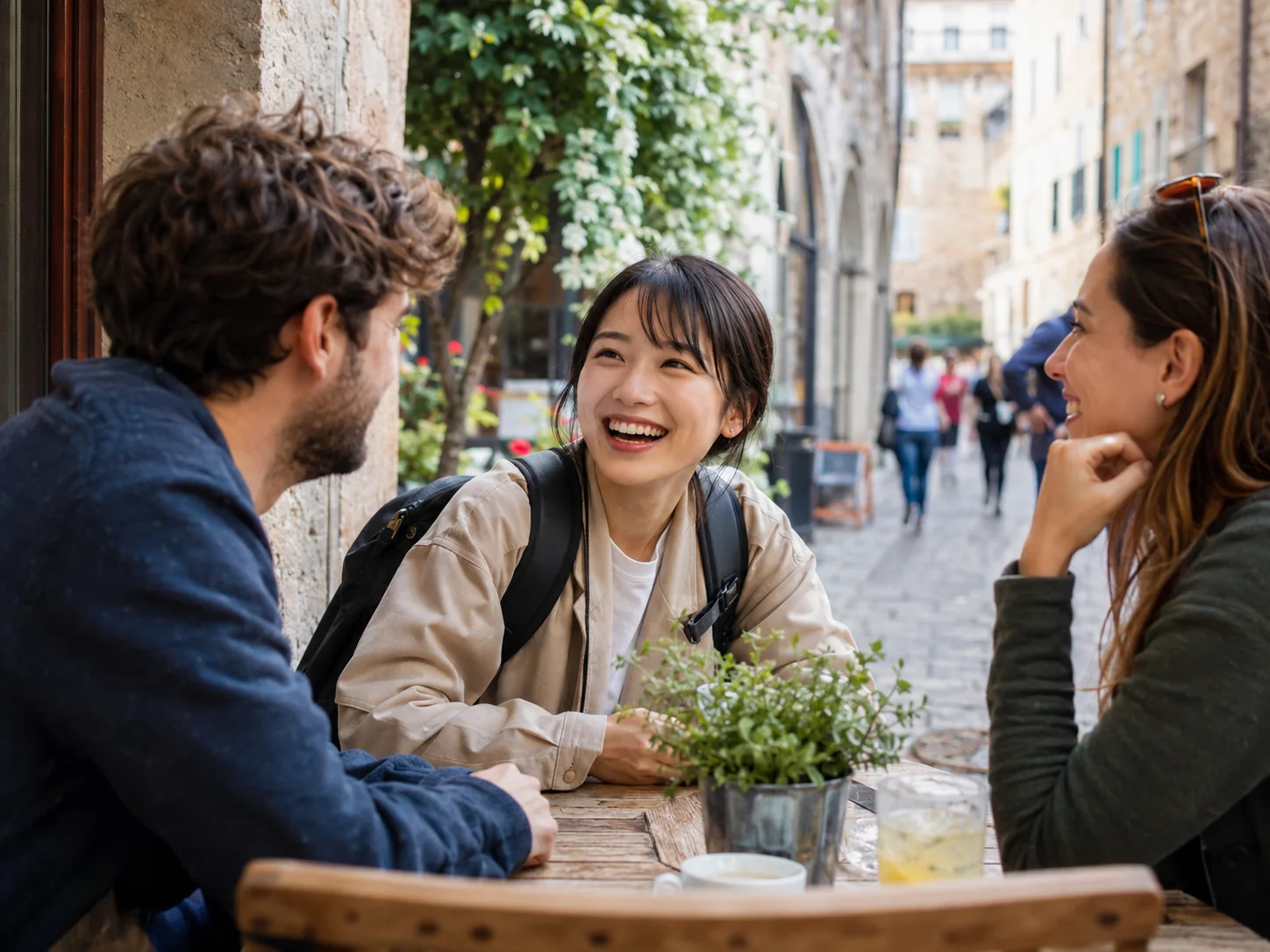 海外で現地の人との会話を楽しむ女性