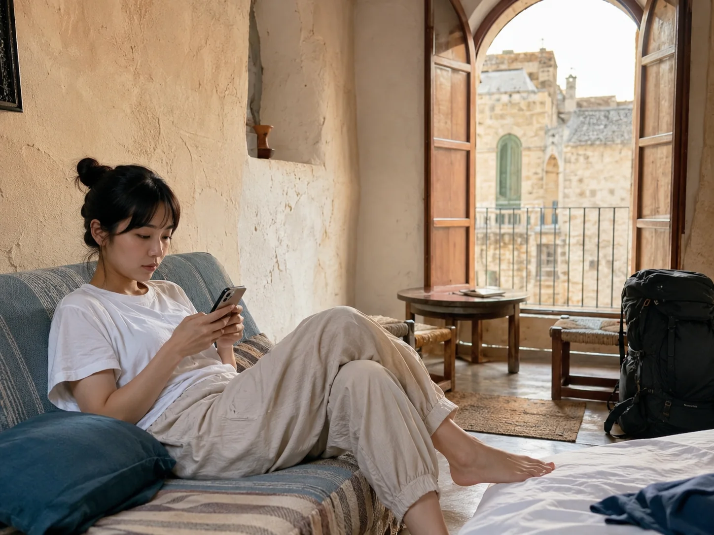 海外の滞在先で目的を見失い、スマートフォンを眺める女性