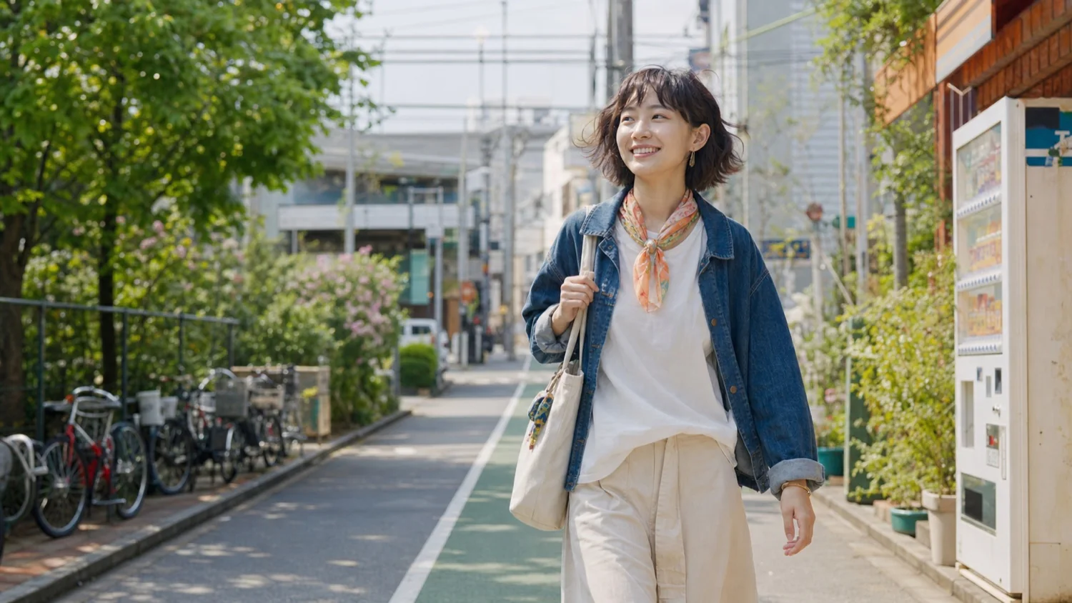 日常の街を笑顔で歩く女性