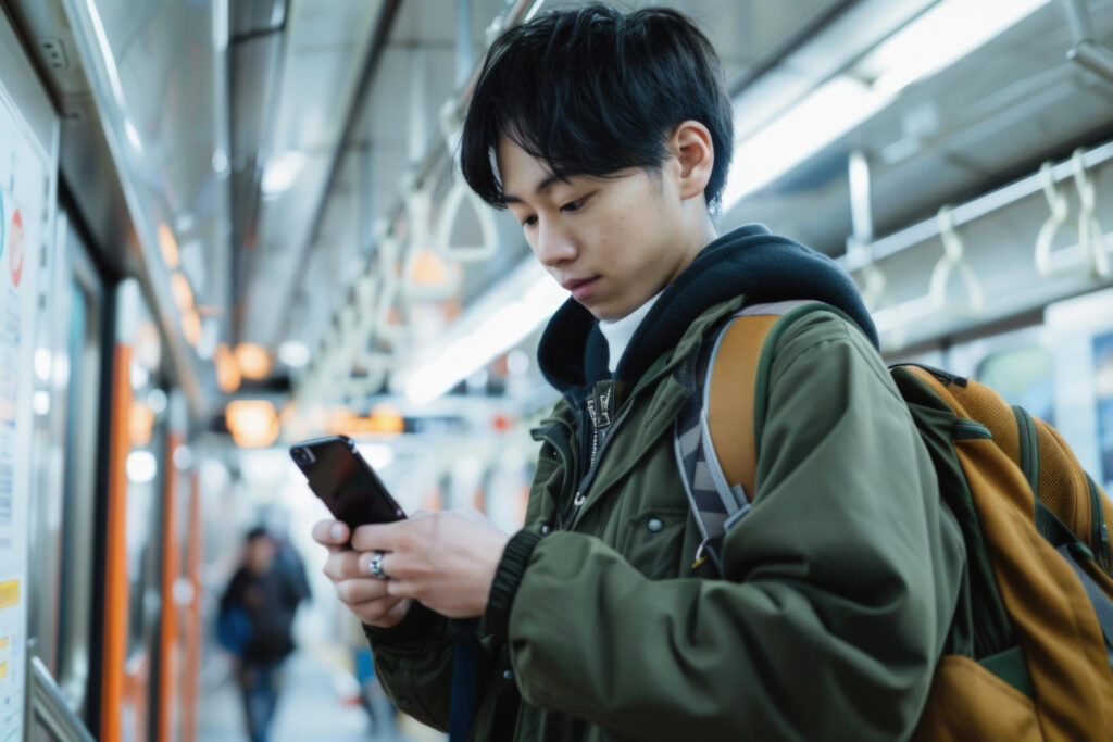 スマホを見ながら通学している大学生の男の子